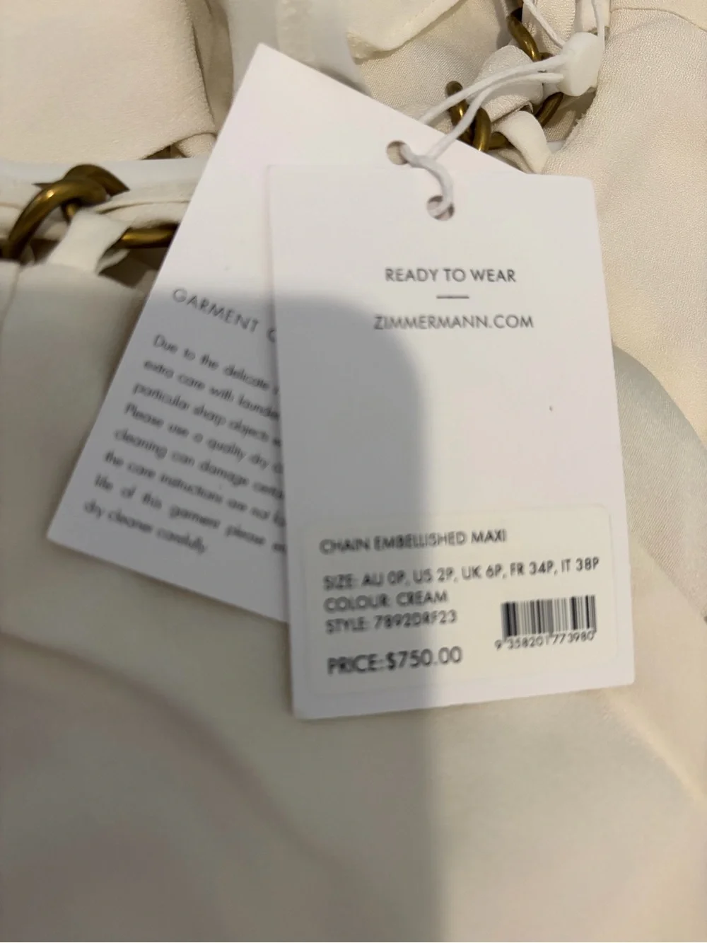 Zimmermann Cream Maxi Dress with Gold Chain Detail Brand New 0P - Picture 5 of 7